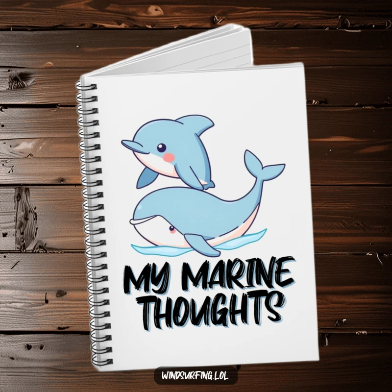 Funny Dolphin and Whale Notebook with a proud dolphin sailing past a cute whale. A charming and humorous stationery item for note-taking.