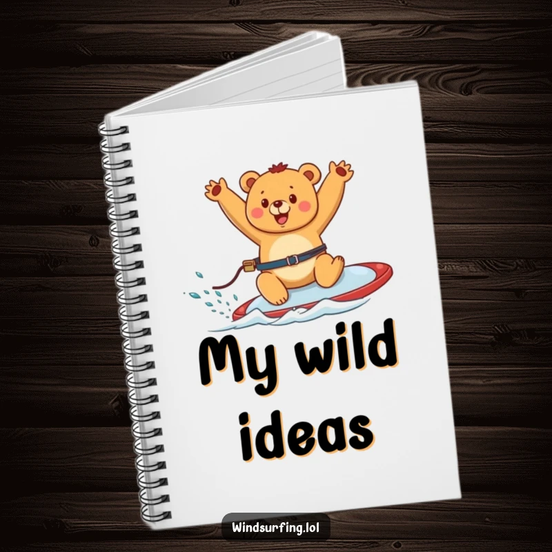Funny notebook cover with a happy bear windsurfing, arms waving, inspiring joyful thoughts and creative ideas.