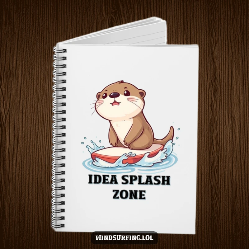 Funny notebook with a surprised otter splashing water while riding a sailboard, inspiring creative writing and playful aquatic adventures.