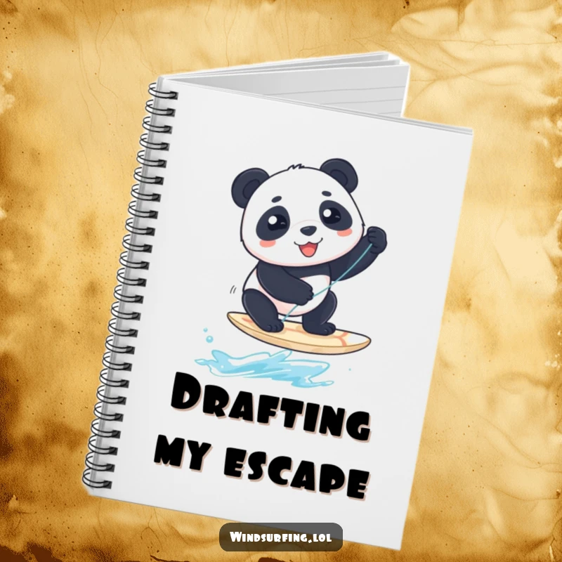 Funny Notebook: A panda balances on a windsurfing board, offering a funny cover for your notes.