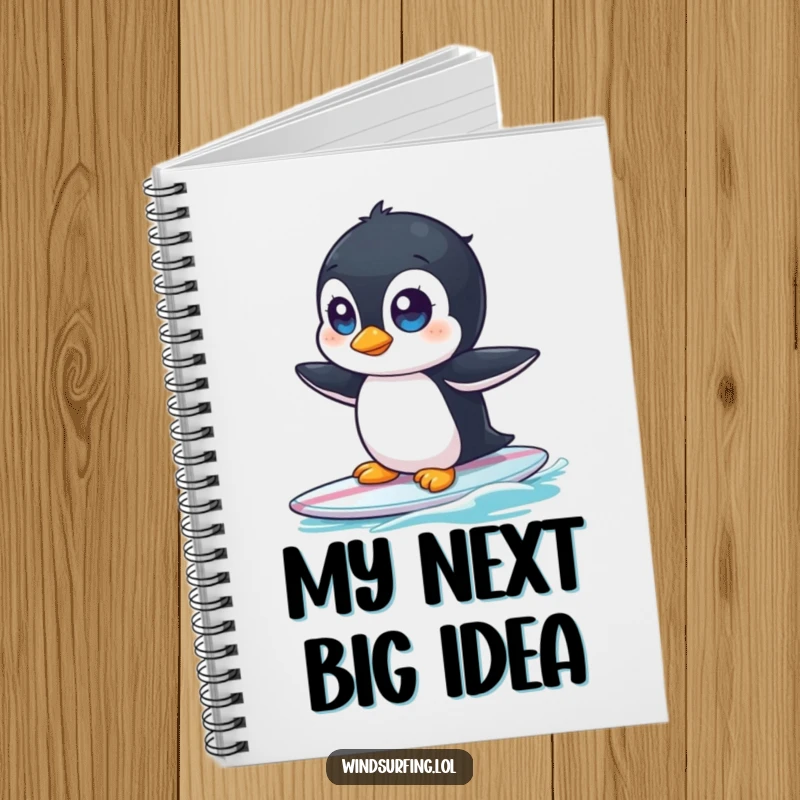 Funny notebook cover with a curious penguin wide-eyed, comically wobbling on a surfboard, ready to take notes.
