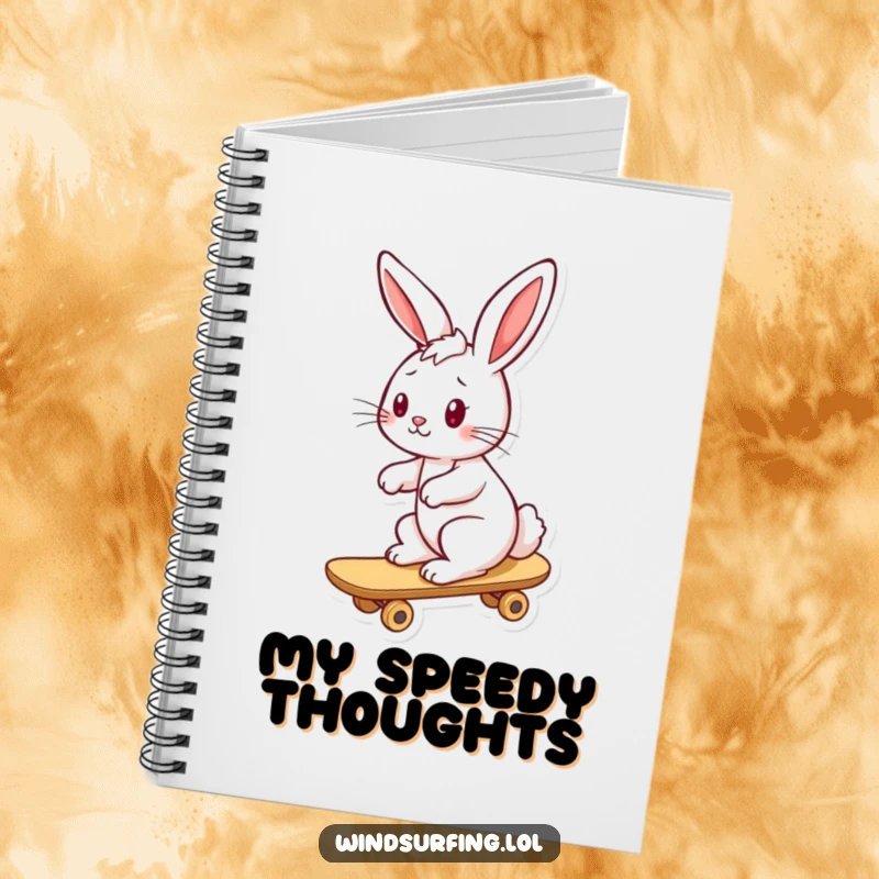 Funny bunny notebook with a playful bunny riding a board, ears back from the wind, perfect for creative writing.
