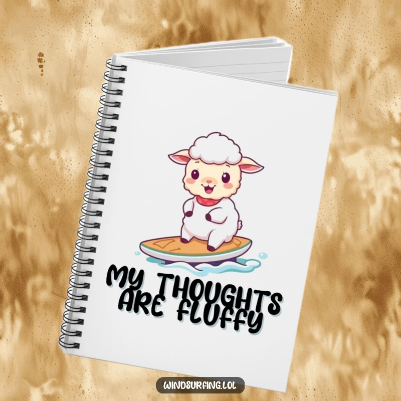 Funny cheerful sheep sailing on a small board on a notebook cover, inspiring peaceful thoughts and creative writing.