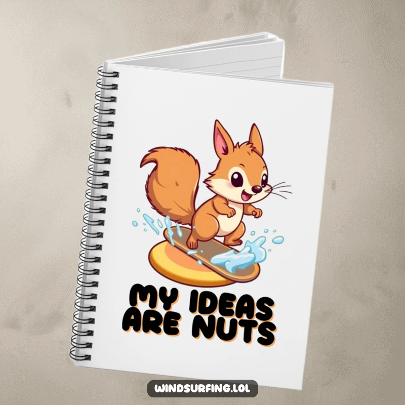 Funny energetic squirrel zooming across water on a board on a notebook cover, inspiring fast and fun note-taking.
