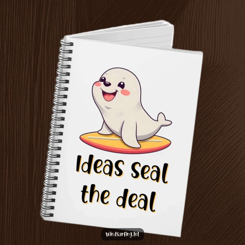 Funny notebook cover with a happy seal riding a surfboard with a big smile, inspiring fun and creativity.