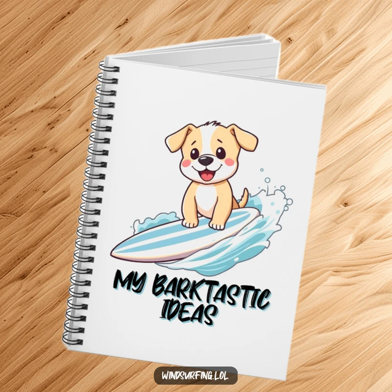 Funny puppy surfing with a wave, on the cover of a notebook, encouraging cheerful writing and creative brainstorming with a playful touch.