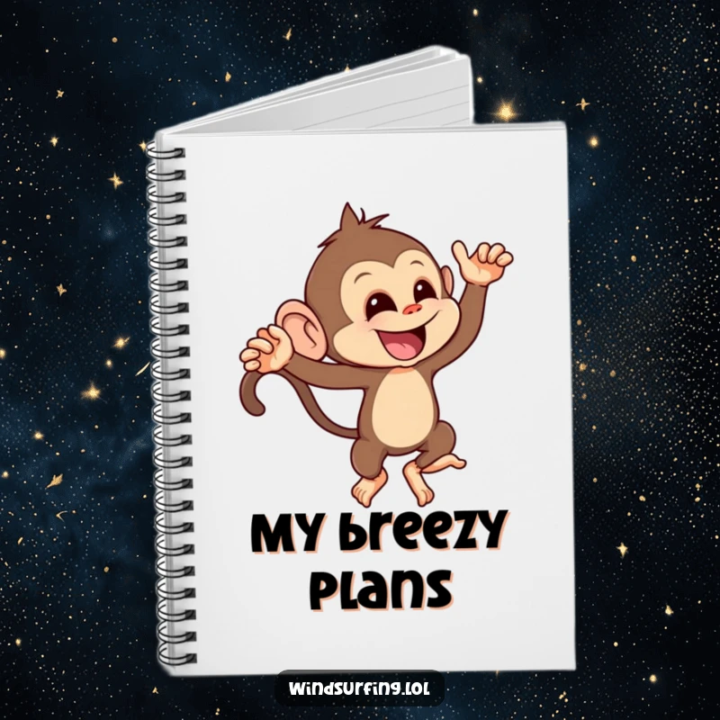 Funny notebook cover with a mischievous monkey playfully leaning into a strong gust of wind, inspiring playful thoughts.