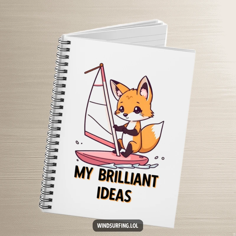 Funny fox windsurfer notebook, showing a curious fox steering a windsurf sail with playful intent, perfect for capturing ideas and notes.