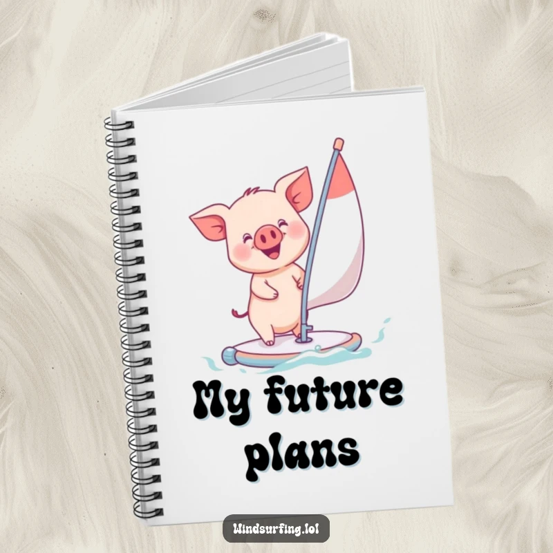 Funny piglet windsurfing with a huge grin, on the cover of a notebook, encouraging cheerful writing and imaginative planning.