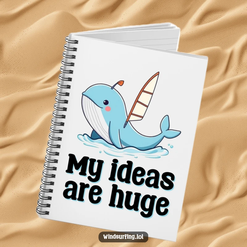 Funny whale spouting water, launching a windsurfing board, lined notebook, cartoon marine creature cover.