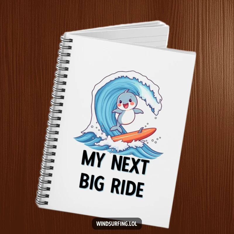 Funny notebook with a joyful dolphin surfing a massive wave on a board, inspiring creative thoughts and ocean-inspired ideas.