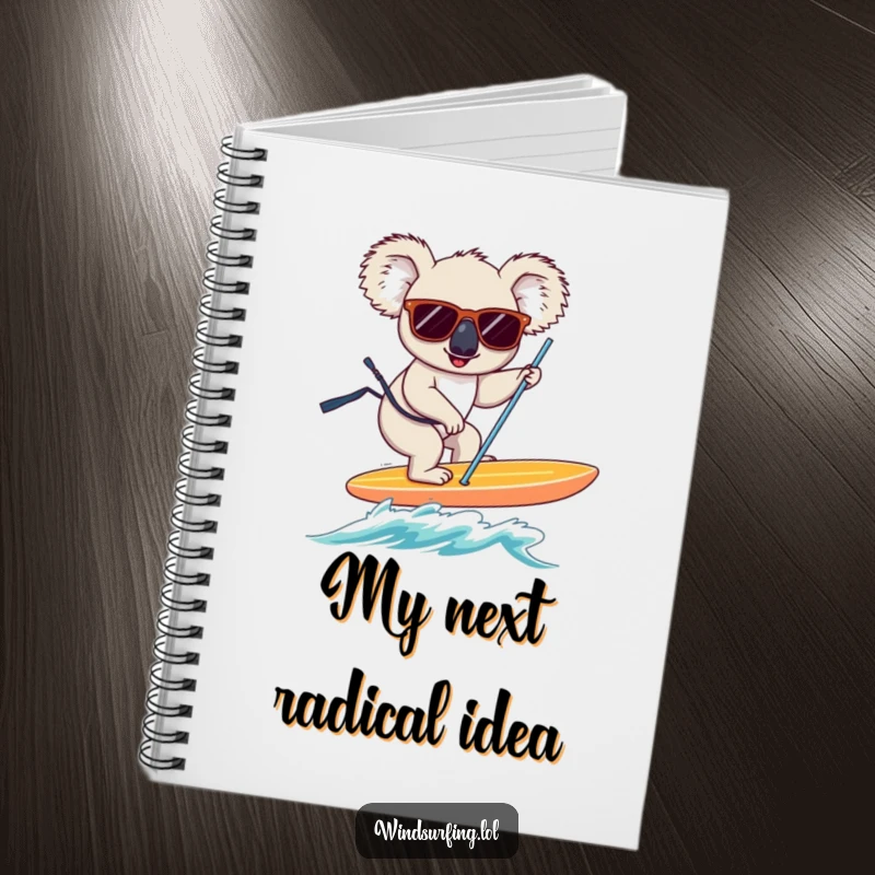 Funny koala with sunglasses, windsurfing, captured in a humorous notebook for jotting down ideas.