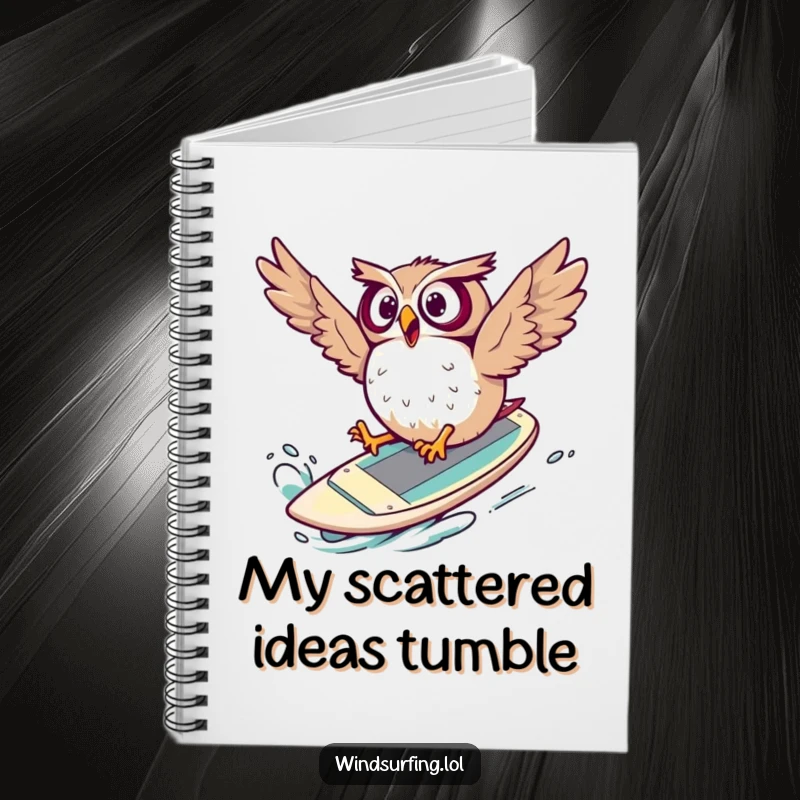 Funny Notebook featuring a surprised owl tumbling off a windsurf board, perfect for noting down ideas and funny moments.