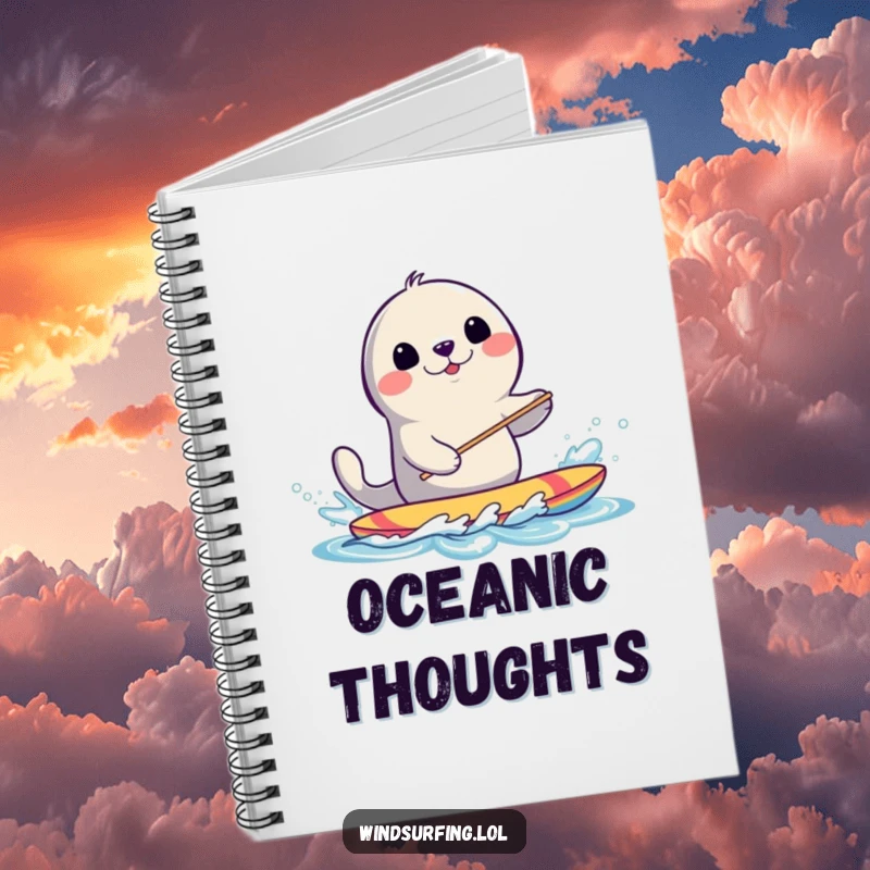 Funny Seal Windsurfing Notebook: A smiling seal splashes water while windsurfing, ideal for capturing bright ideas.