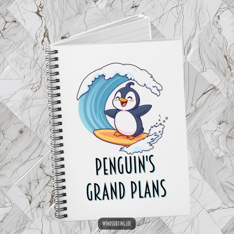 Funny penguin laughing on a surfboard as a wave approaches, depicted on a notebook cover for a humorous and inspiring writing experience.