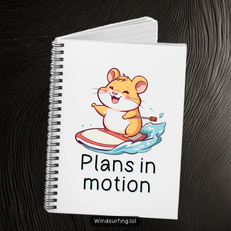 Funny notebook cover with a cheerful hamster grinning while steering a windsurf board, ready to record thoughts.