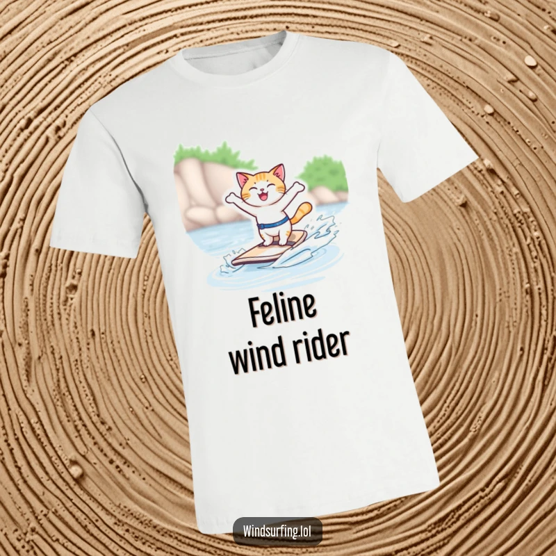Funny T-shirt featuring a joyful cat windsurfing gracefully, arms outstretched, embodying freedom and fun, a cool gift.