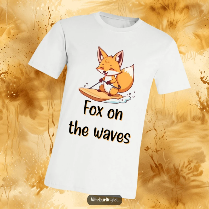 Funny T-Shirt featuring a curious fox windsurfing with its tongue sticking out, embodying playful adventure.