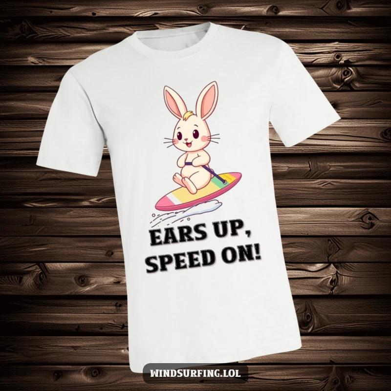 Funny bouncing bunny with ears flying in the wind, sailboarding with excitement on this vibrant and humorous t-shirt.