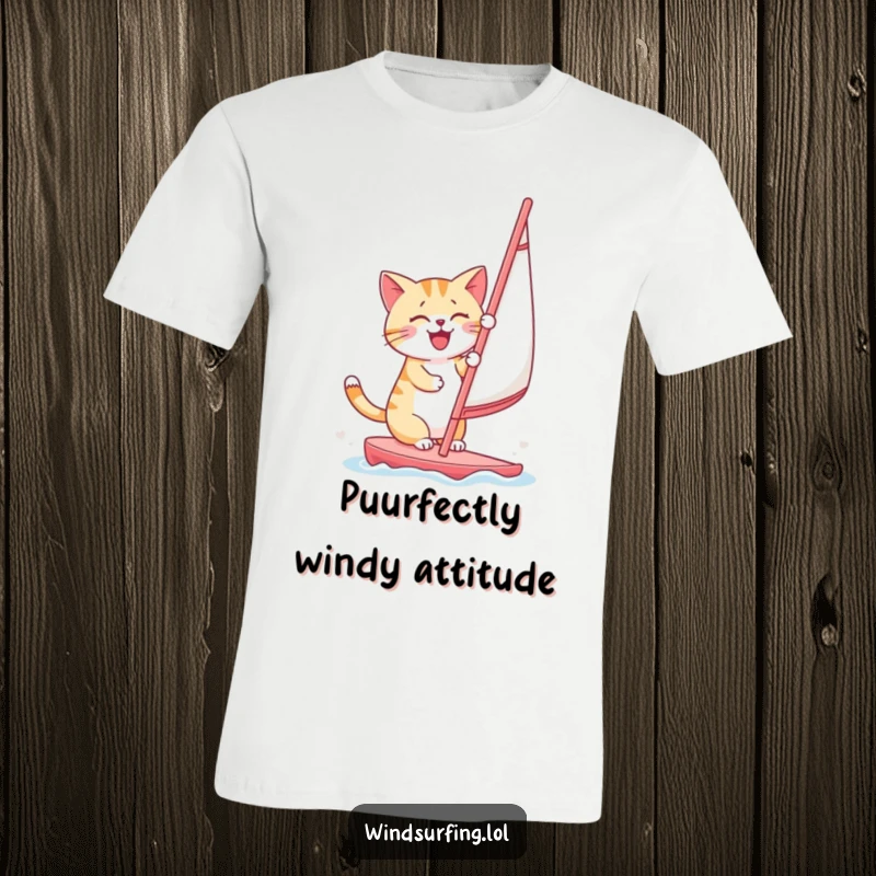 Funny cat gleefully windsurfing, confidently adjusting the sail with a big smile, perfect for beachgoers.