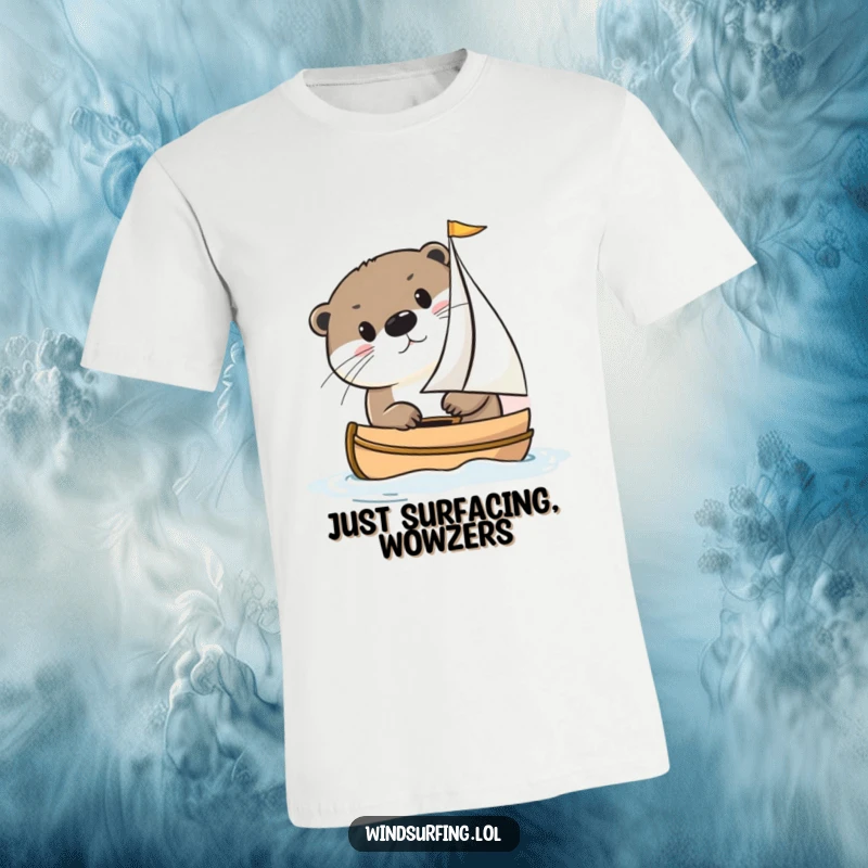 Funny otter peeking out from a small sailboat, showcasing curiosity and a love for aquatic adventures on this t-shirt.