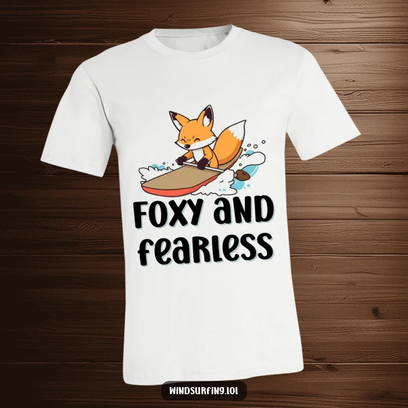 Funny T-Shirt showcasing a determined fox skillfully navigating choppy waters on a board, exuding cleverness and resolve.