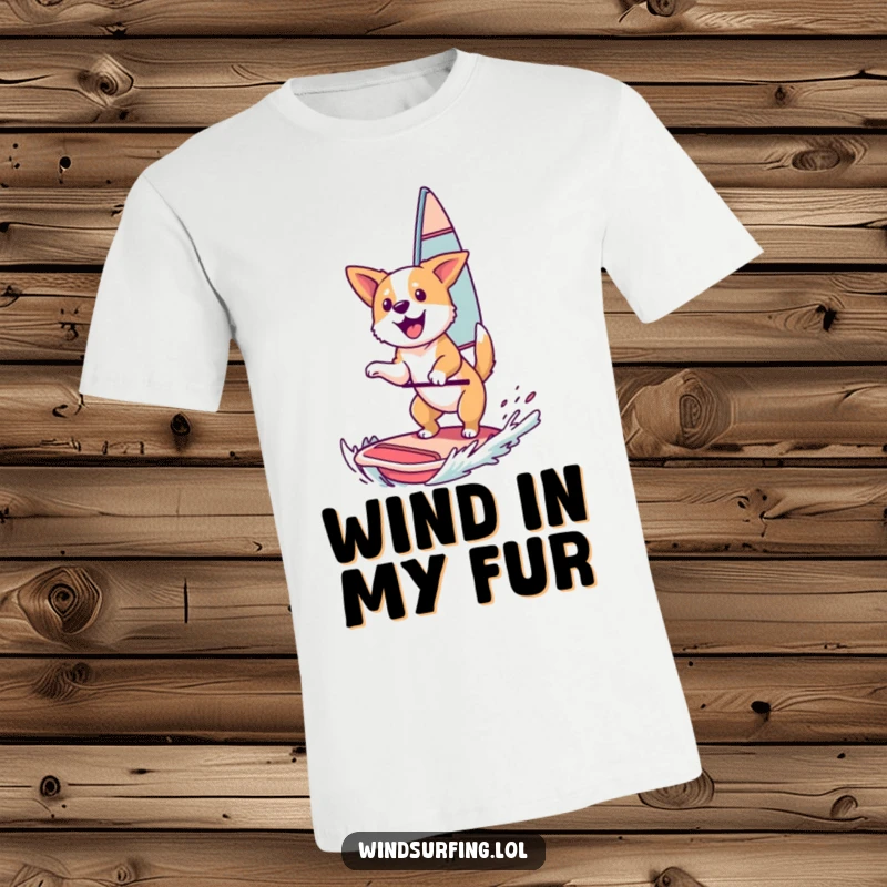Funny T-Shirt: A happy dog catching air mid-windsurf, showcasing exhilaration and canine athleticism.