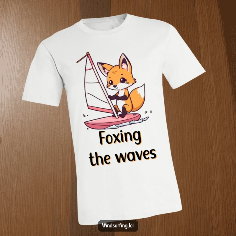 Funny fox windsurfer t-shirt, featuring a curious fox expertly steering a windsurf sail with playful determination, embodying adventurous spirit.