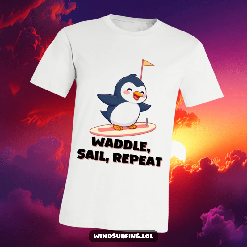 Funny t-shirt depicting a giggling penguin gracefully sailing on a sailboard, radiating happiness and a carefree attitude.