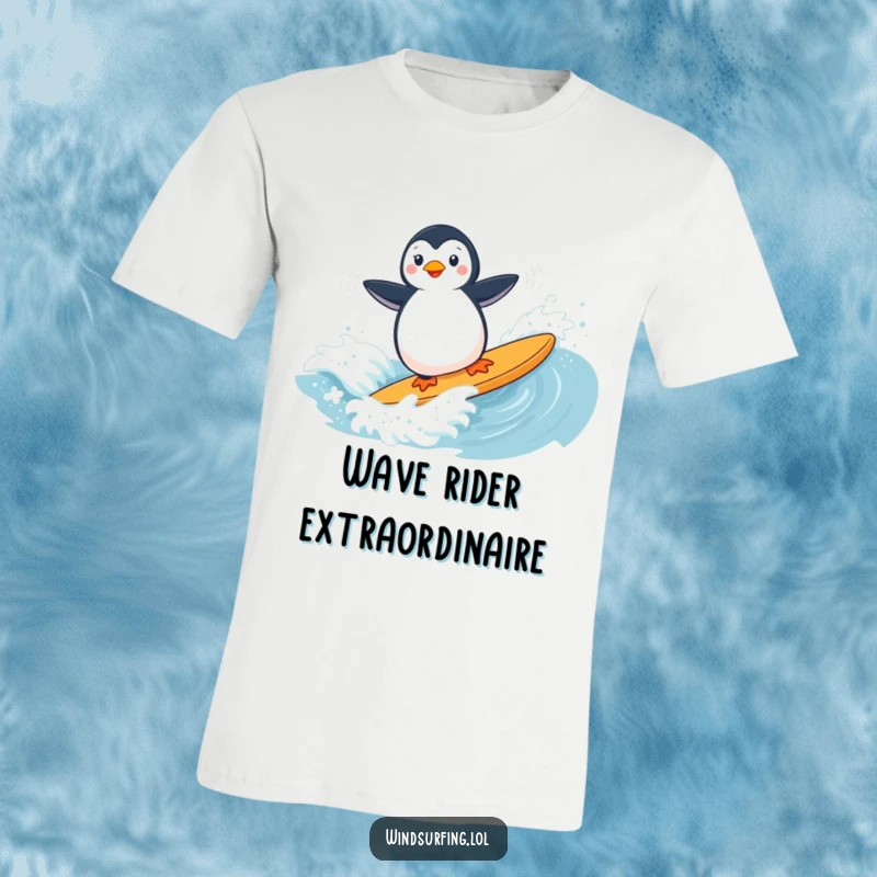 Funny penguin masterfully windsurfing a large wave, radiating confidence and a touch of mischief.