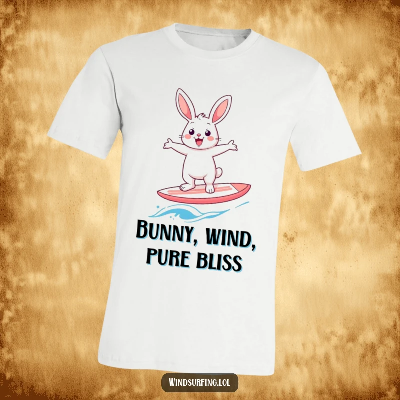Funny rabbit windsurfer t-shirt, featuring a cheerful hare gleefully balancing arms outstretched on a windsurf board in a comical pose.