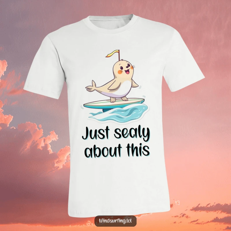 Funny, happy seal masterfully windsurfing on a surfboard, sail catching the wind, exuding a comical sense of adventure and pure bliss.