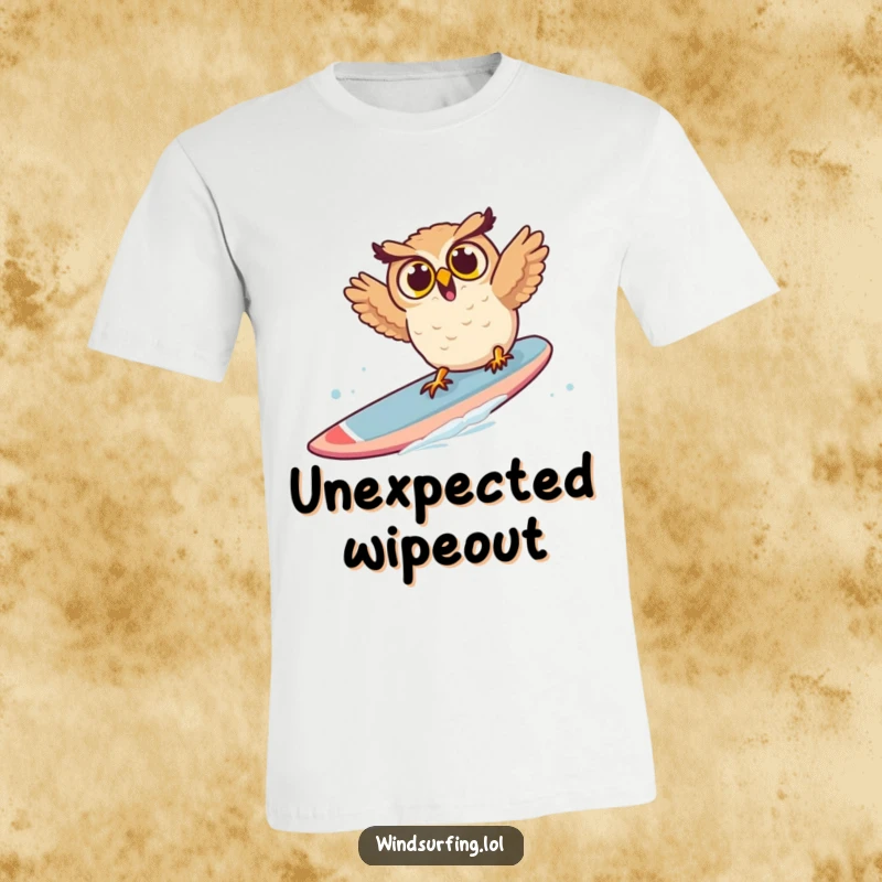 Funny owl t-shirt with a surprised owl losing balance and falling off a windsurf board, pure comical action.