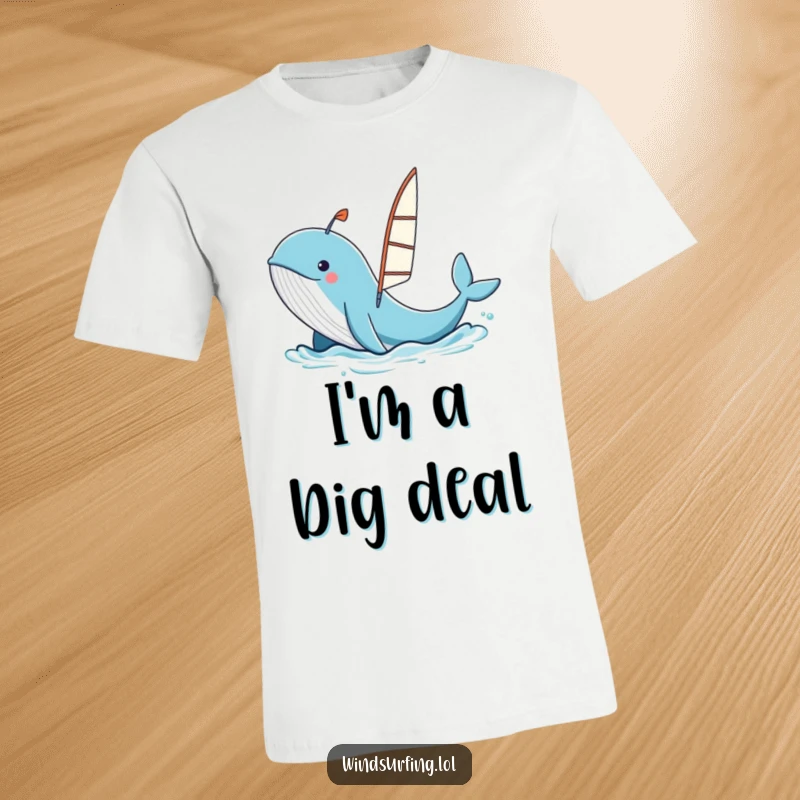 Funny whale playfully spouting water, launching a windsurfing board in the ocean, cartoon illustration, humorous action.