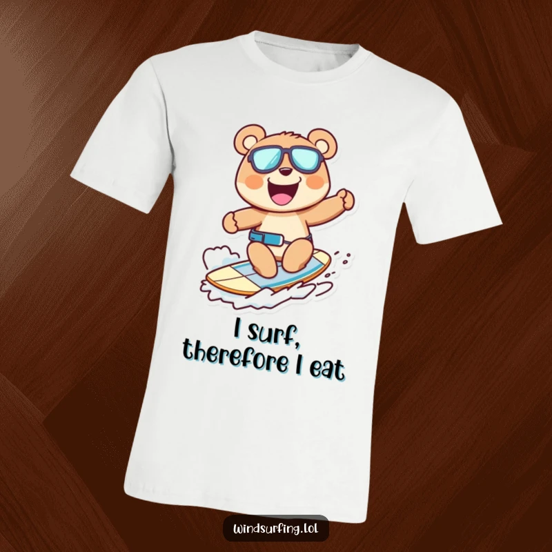 Funny T-shirt featuring a cheerful bear windsurfing with a wide grin, embodying excitement and fun, a cool gift.