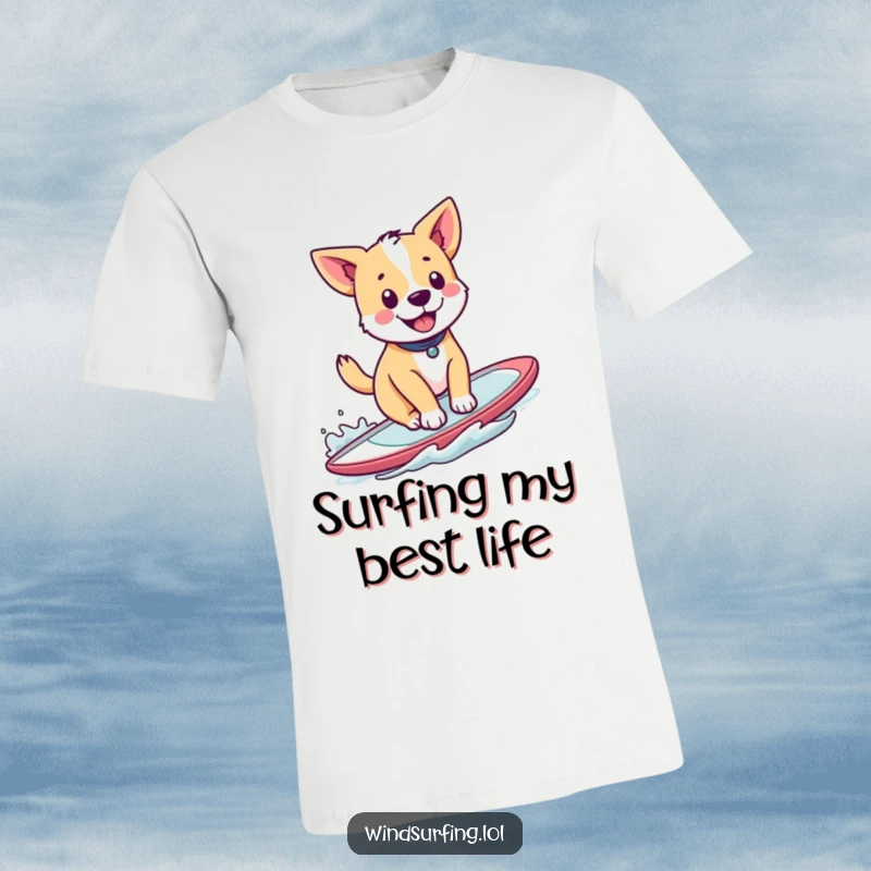 Funny T-shirt featuring a happy dog windsurfing with tail wagging, embodying excitement and fun, a cool gift.
