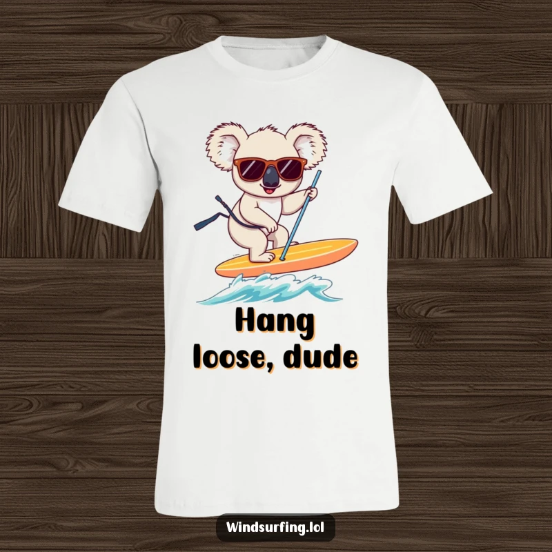 Funny koala with sunglasses, confidently stands on a windsurfing board, ready to catch a wave.
