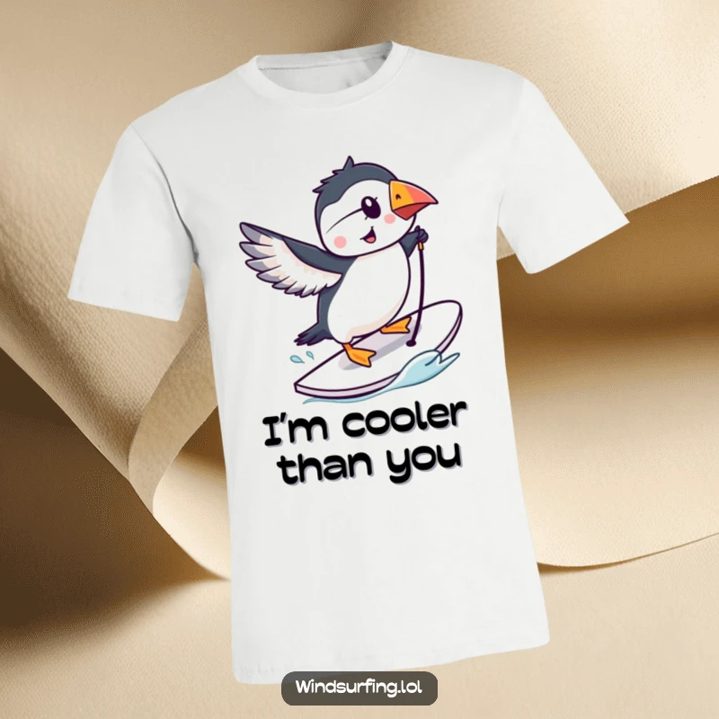 Funny puffin character performing a windsurfing trick, cartoon illustration, vibrant colors, humorous avian athlete.