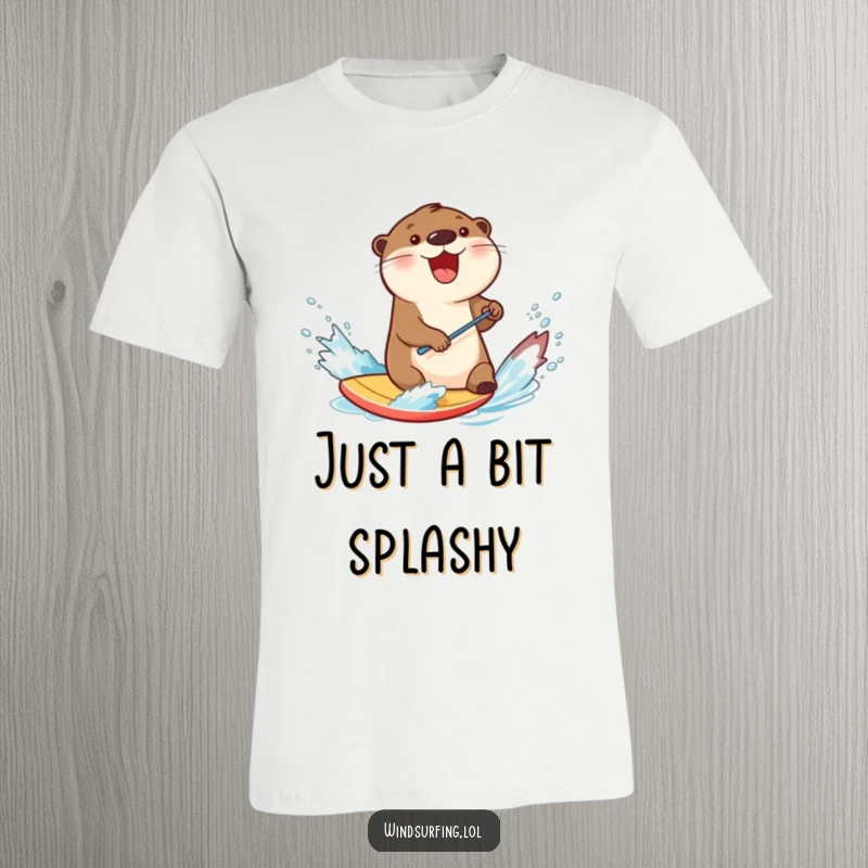 Funny, delighted otter energetically splashing water while windsurfing on a board, depicted on a tee for maximum comical aquatic enjoyment.