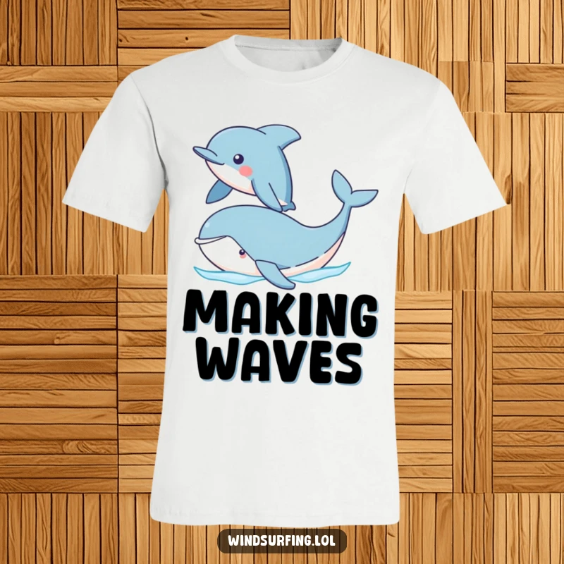 Funny Dolphin and Whale T-Shirt with a proud dolphin sailing past a cute whale. A charming and humorous graphic tee for sea lovers.