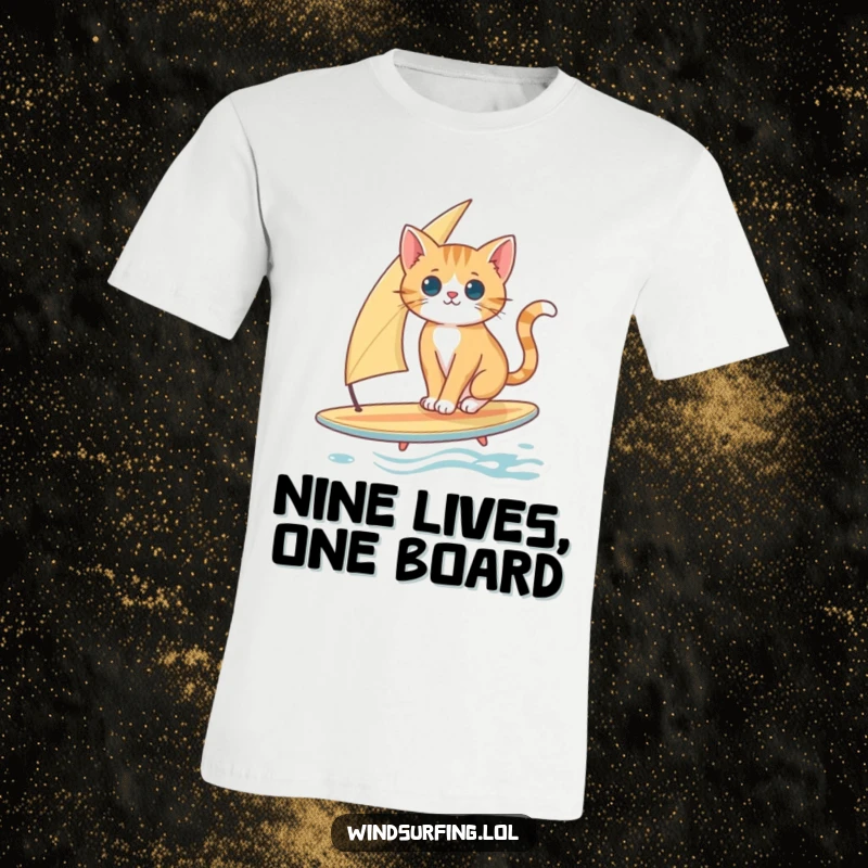 Funny Cat Surfing T-Shirt: A curious cat skillfully balances on a surfboard equipped with a sail, exploring the waves.