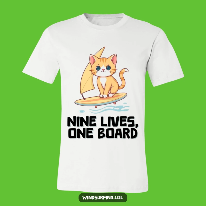 Funny Cat Surfing T-Shirt: Curious Cat Balancing Sailboard Gift