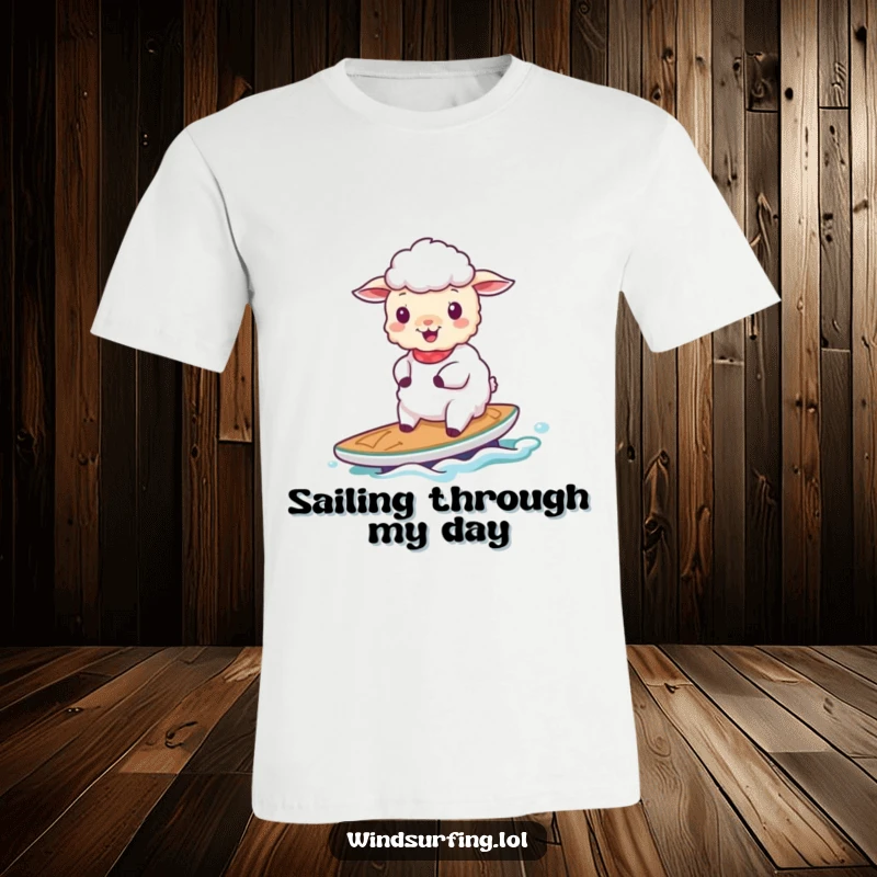 Funny cheerful sheep sailing gracefully on a small board, creating a serene and humorous scene on this comfortable t-shirt.