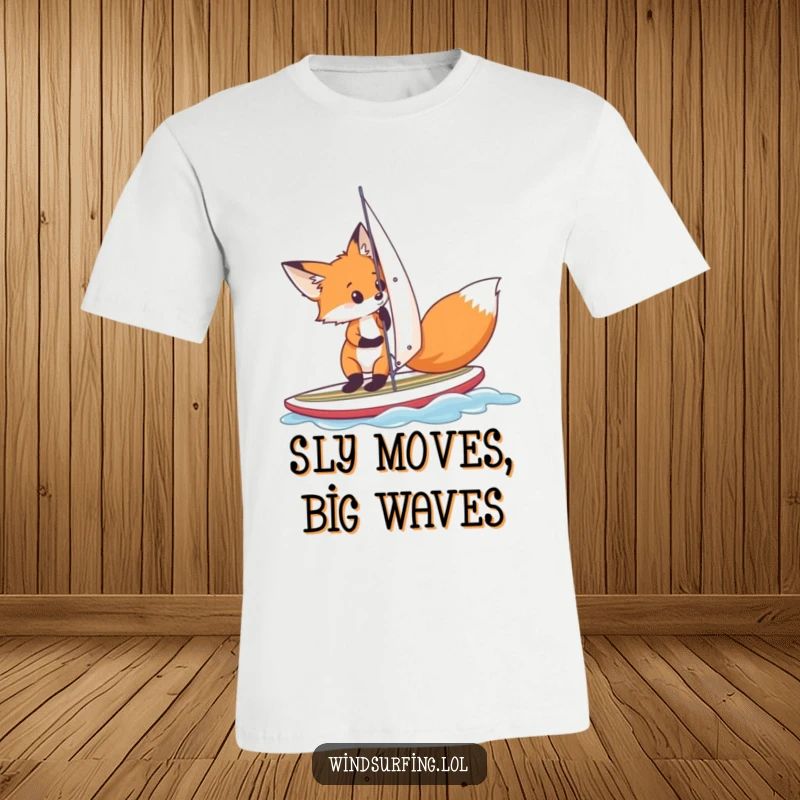 Funny, curious fox meticulously adjusting its sail on a small surfboard, portraying a humorous and focused windsurfing moment.