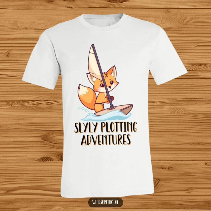 Funny T-Shirt: A curious fox with sly eyes peeks from behind a windsurfing sail, adding humor and intrigue.