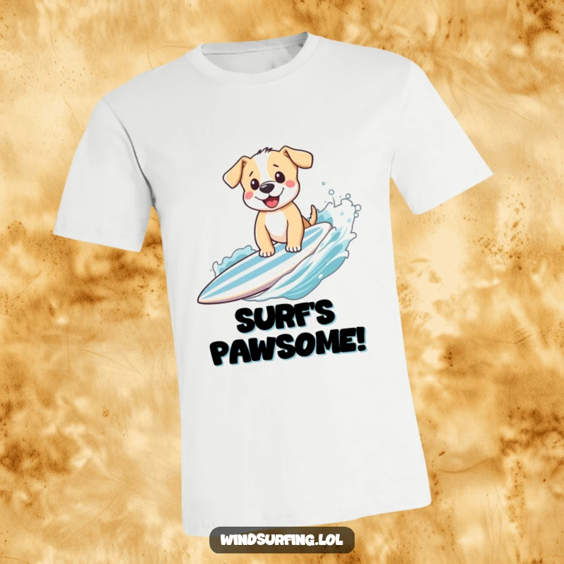 Funny puppy waving joyfully from a speeding surfboard, conveying boundless energy and a love for the ocean on a comfortable t-shirt.