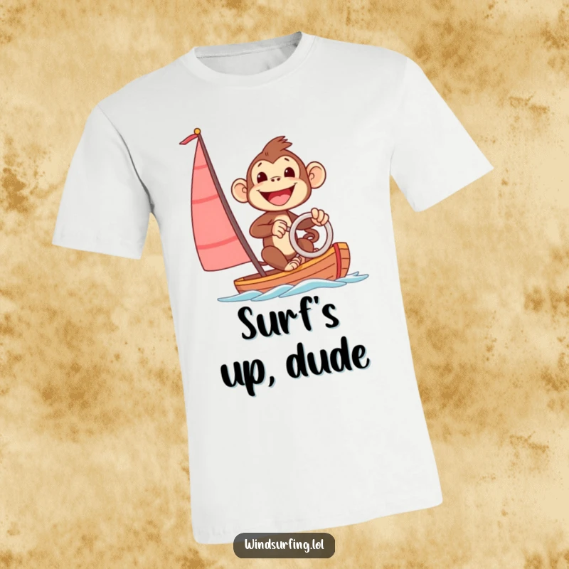 Funny T-Shirt: An excited monkey with a big smile steering a sailboard across the water, depicting joyful adventure.