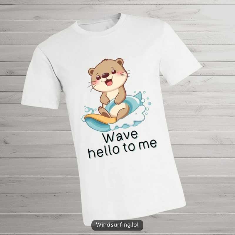 Funny otter wave rider t-shirt with a cheerful otter determinedly surfing a massive ocean wave.