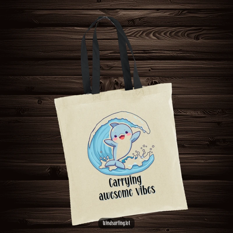 Funny tote bag showcasing a playful dolphin joyfully catching a wave with arms outstretched, perfect for carrying essentials with ocean flair.