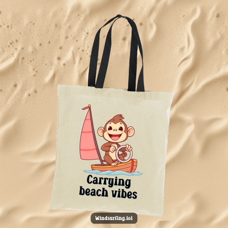 Funny tote bag featuring an excited monkey steering a sailboard with a big smile, perfect for carrying items with a humorous, adventurous flair.